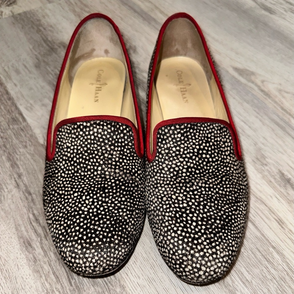 💝Cole Haan Sabrina Loafers Real Calf Cow Fur Hair Slip On Black Red Trim Size 5